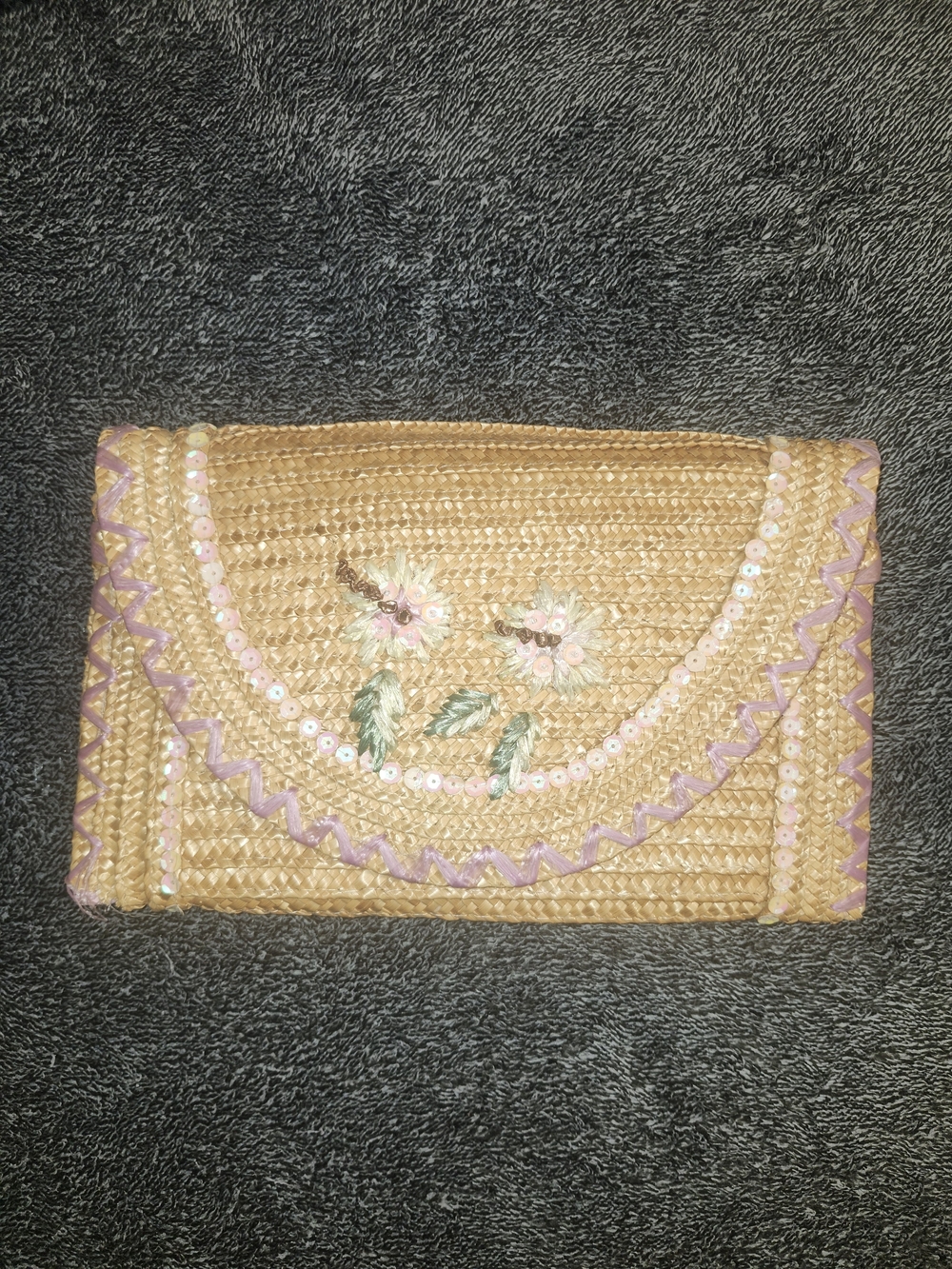 Source Unknown Straw Clutch with Pink Trim and Lavender Embroidery